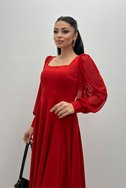 giyimmasalı Krep Kumaş Kolları Tül Detaylı Midi Elbise - KIRMIZI