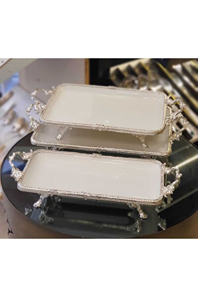 Muba Consept Gümüş Çerçeveli 3 Parça Porselen Sunum Seti