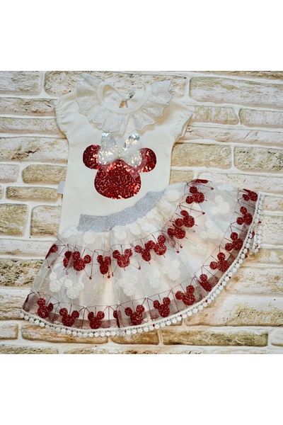 belle vista 1-2-3 Years Old Sequined Mickey Embroidered Short Sleeve Brode Skirt 2-Piece Baby Girl Set Red