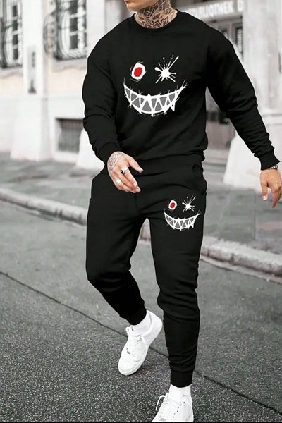 YOHO SPORT Unisex Σετ αθλητικών φόρμες με στάμπα με χαμογελαστό πρόσωπο - Χοντρό βαμβακερό χειμωνιάτικο φούτερ και παντελόνι σετ 2