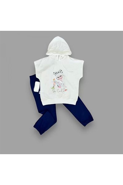 Skygo 3-4-5 Years Old Hooded Cute Girl Printed Short Sleeve 2-Piece Girl Boy Child Set Navy Blue