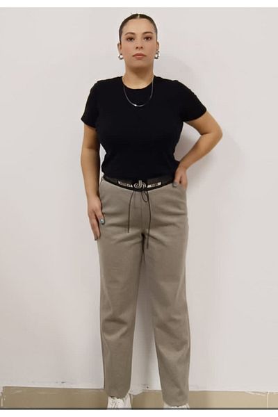 AKŞEN GİYİM Large Size Loose Lycra Winter Punto Stamp Fabric High Waist Elastic Waist And Lace-up Pants