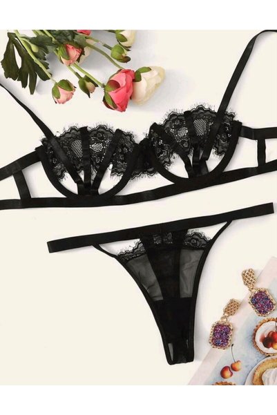 Veille Set de lenjerie din dantela, set de sutien din dantela cu sârmă neagră, set de sutien sexy transparent