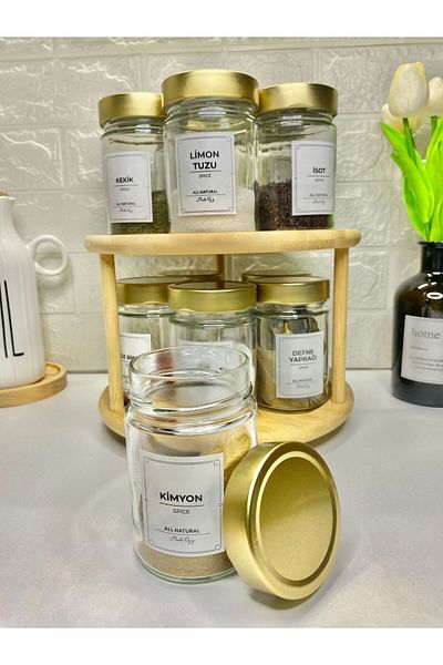 MODA OZY 10-Piece Gold Metal Lids - Glass Seasoning Rack Set with Swivel Stand and Spoon Storage Jar 350ml