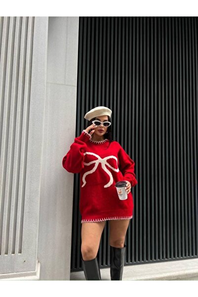 minaaise Γυναικείο Oversize Πλεκτό πουλόβερ με κόκκινη φιόγκο σχέδιο Πουλόβερ...