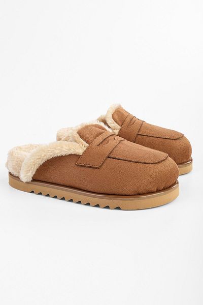 Shoeberry Women's Plush Tan Suede Flat Slippers with Fur Inside