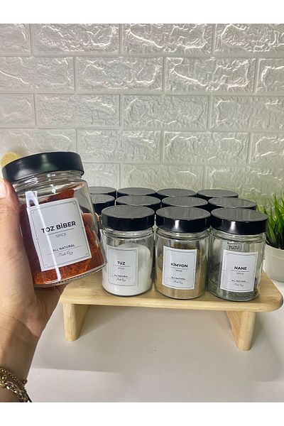 MODA OZY 12 Pack Black Metal Lids Labeled Spice Storage Container with Spoon Glass Jar 350ml