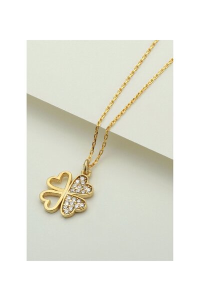 OGO SİLVER 925 Ayar Zirkon Taşlı Yonca Gold Kadın Gümüş Kolye