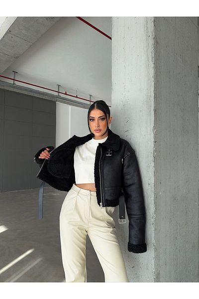 Ekim Store Belted Plush Collar Crop Suede Coat