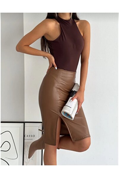 Lion Collection Tan Faux Leather Slit Midi Pencil Skirt