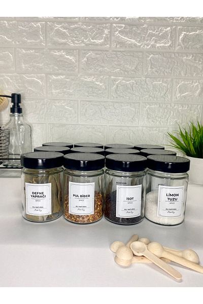 MODA OZY 12 Pack Black Metal Lids Labeled Spice Storage Container with Spoon Glass Jar 350ml