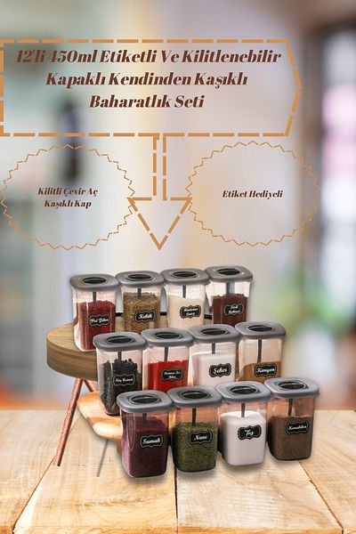 welcomein 12-Piece 450ml Labeled and Lockable Lid Self-Spoon Spice Jar Set - Label Gift