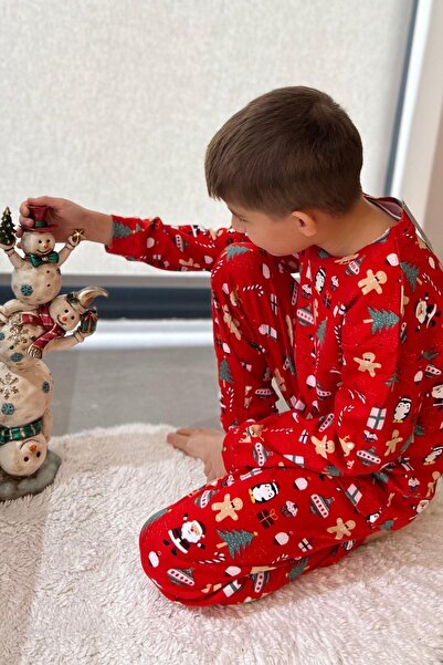 Minik Dolap New Year's Themed Unisex Children's Pajamas Set - 100% Cotton, Red