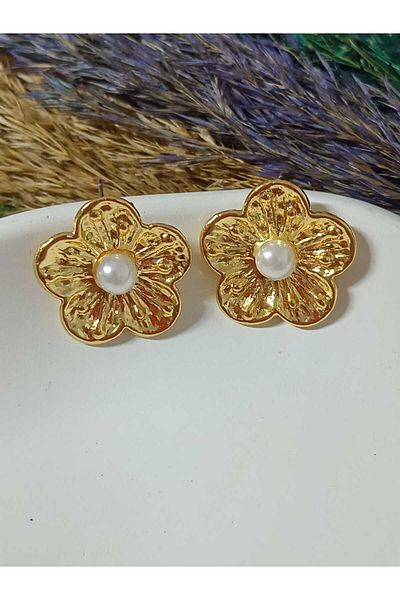 mos&more Gold Color Pearl Flower Women's Earrings