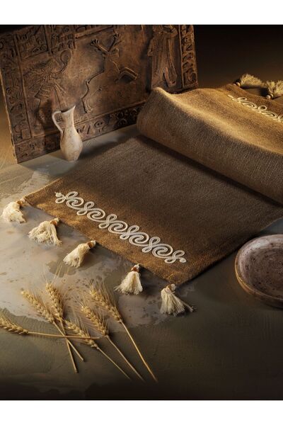 Luvilavant Antik Dönem Süsleme Nakışlı Naturel Renkli Jüt Runner 43x126 cm