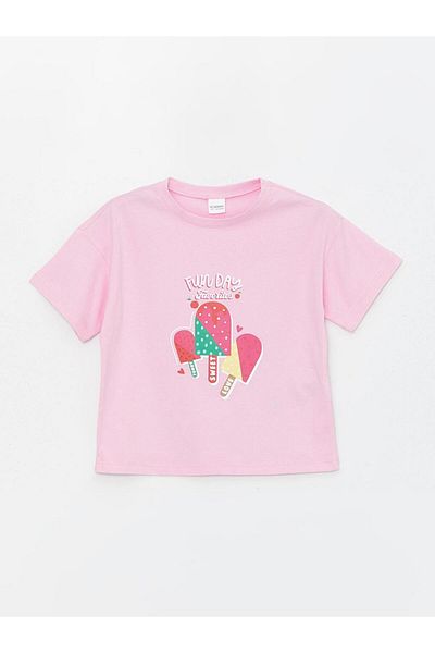 LC Waikiki Комплект пижама за момиче с къс ръкав и щампа с розово кръгло деколте
