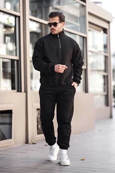 Generic Brand V&M Store Three Thread Half Zipper Tracksuit Set - Black