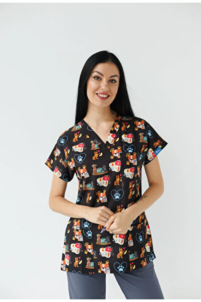 Dr. Mitra DESENLİ TEK ÜST LİKRALI HEMŞİRE FORMASI,VETERİNER DESENLİ,DOKTOR,HEMŞİRE SŞYAH RENK