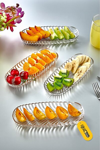 ORTAKÖY CENNETİ 4 Adet Cam Kahvaltı & Çerez Tabağı, Cam Kayık Kase 20 cm