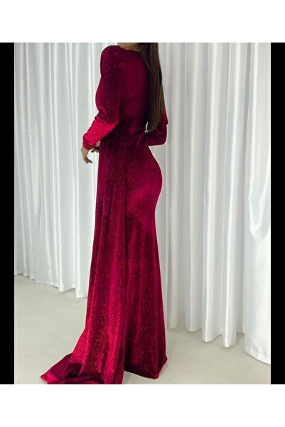 Secret Passion Lingerie Kırmızı Renk Esnek Parlak Kadife Kumaş Kruvaze Yaka Yırtmaçlı Abiye Ve Mezuniyet Elbisesi 582302 718