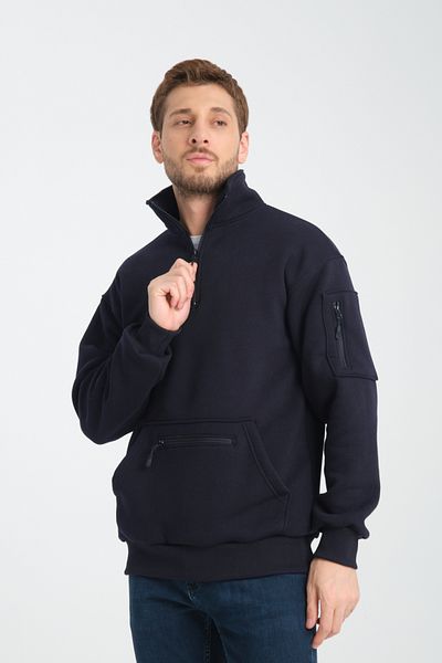 Store Unisex Navy Blue Oversize Sweat - Fleece, Stand Collar, 3 Pockets