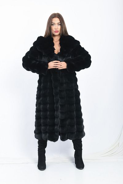 FUREVER FASHION Hooded Striped Rex Suni Fur Manto