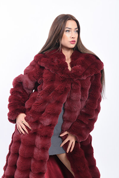 FUREVER FASHION KAPÜŞONLU ÇİZGİLİ REX SUNİ KÜRK  MANTO