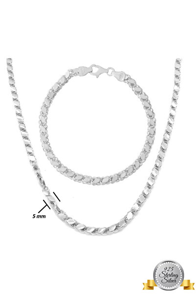Adal Silver 925 Ayar Gümüş 5 Mm Arpa Pullu Zincir Kolye ve Bileklik Set