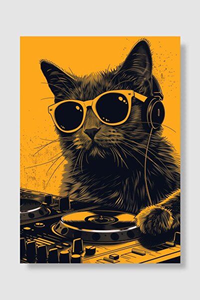 kubdekor Black DJ Cat at the Party Müzik Poster Çerçevesiz Yüksek Kalite Müzi...