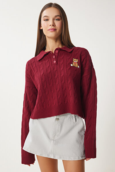 Lovelyİstanbul Pulover din tricot brodat cu ursuleț de pluș cu gât polo - Roș...