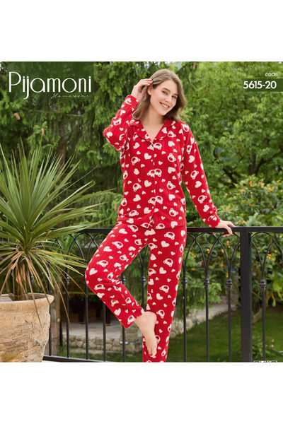 Pijamoni Kırmızı Ayıcıklı Önden Düğmeli Polar  Pijama Takımı