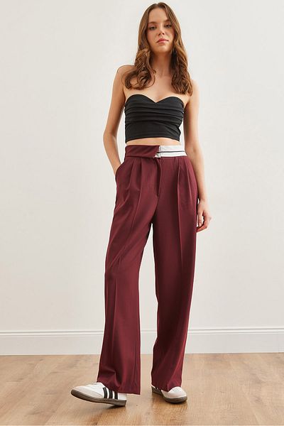 Olalook Burgundy Polyviscose Women's Trousers - Pockets and Pleats, Wide Leg Pnt- 19000303
