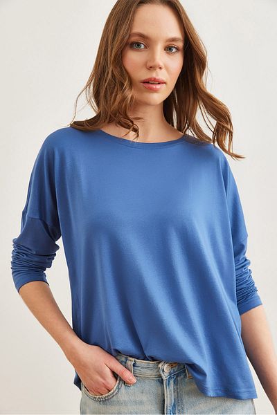 Olalook Indigo-Viskose-Bluse – Rundhalsausschnitt, Fledermausfliegen, BLZ- 19002588