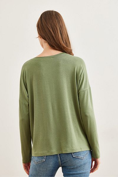 Olalook Grüne, fließende Viskose-Bluse mit Fledermausmuster und Rundhalsausschnitt für Damen BLZ- 19002588