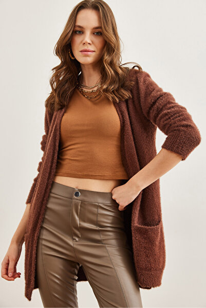 Olalook Bitter Brown Soft Textured Women's Cardigan with Pockets, Beard Model Hrk- 19000320