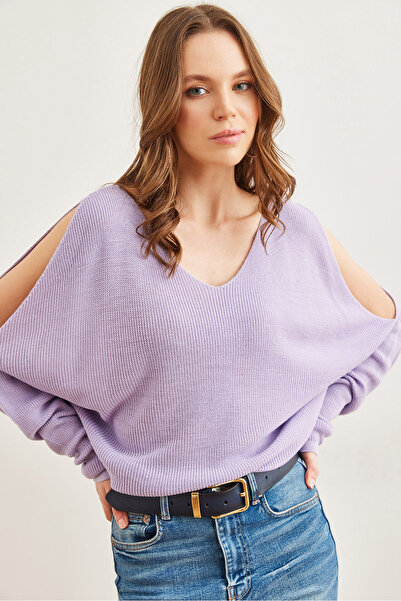 Olalook Kadın Lila V Yaka Omuz Dekolteli Salaş Triko Bluz BLZ-19002191