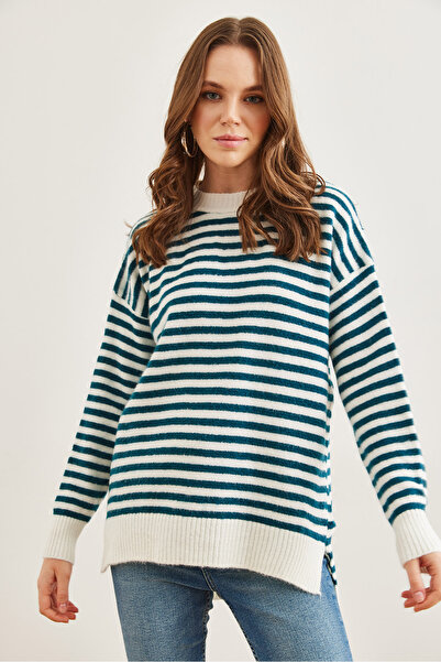 Olalook Tricotaj pentru femei, albastru petrol, cu dungi pe jumătate, cu textura moale, tunică TNK- 19000100