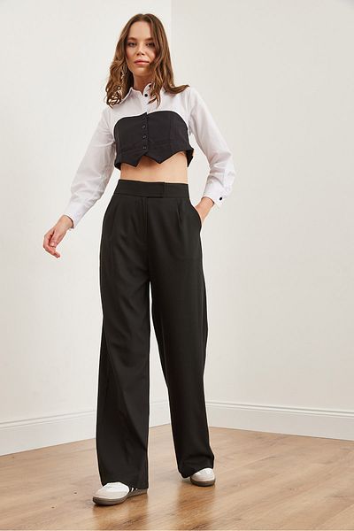 Olalook Schwarze Palazzo-Hose aus Polyviskose – Klettverschluss, PNT- 19000304