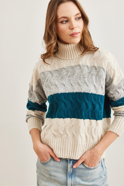 Olalook Pulover de damă din tricotaje moale cu dungi albastre petrol și detaliu de tricotat de păr - KZK- 19000686