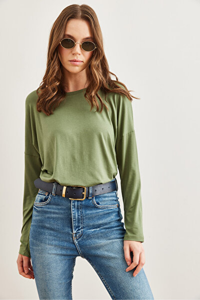 Olalook Kadın Çağla Yeşili Bisiklet Yaka Yarasa Dökümlü Viskon Bluz BLZ-19002588