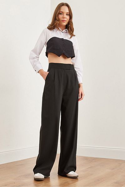 Olalook Schwarze Palazzo-Hose aus Polyviskose – Klettverschluss, PNT- 19000304