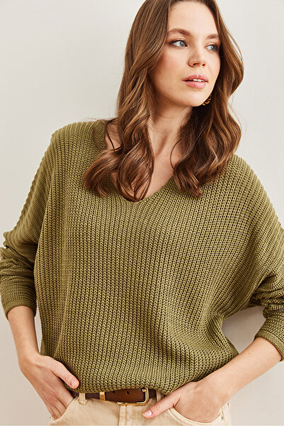 Olalook Kadın Açık Haki V Yaka Selanik Örgü Oversize Triko Tunik TNK-19000081