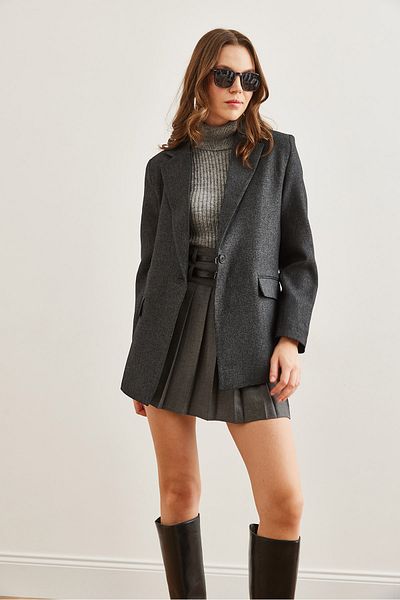 Olalook Női fekete, egygombos zsebes füles gyapjú hatású blézerkabát CKT- 19000407