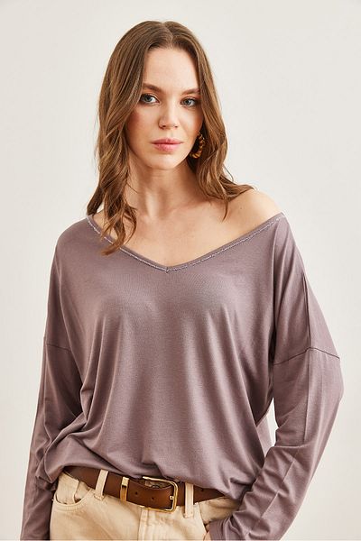 Olalook Women's Dark Mink Silver Stitching Detail V-Neck Viscose Blouse Blz- 19002747