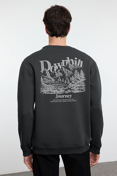 Trendyol Collection Anthracite Oversize/Wide Cut Μπροστινό Κέντημα Πίσω Φούτερ με στάμπα με Fleece εσωτερικά TMNAW25SW00014