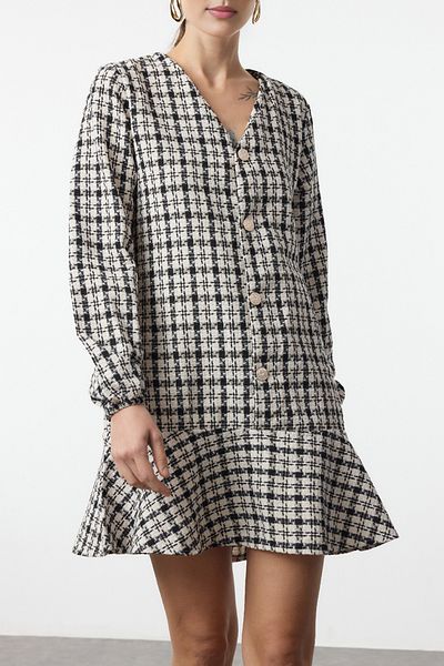 Edit by Trendyol Black Tweed Fabric Flounce Mini Woven Dress Tedaw25El00037