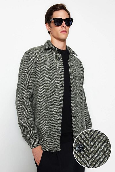 Trendyol Collection Khakifarbenes Unisex-Winterhemd mit Hahnentrittmuster - Relaxed Fit TMNAW24GO00054