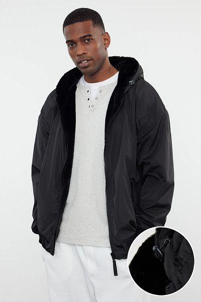 Trendyol Collection Μαύρο Unisex αναστρέψιμο βελούδινο χειμωνιάτικο παλτό με κουκούλα - TMNAW25MO00012