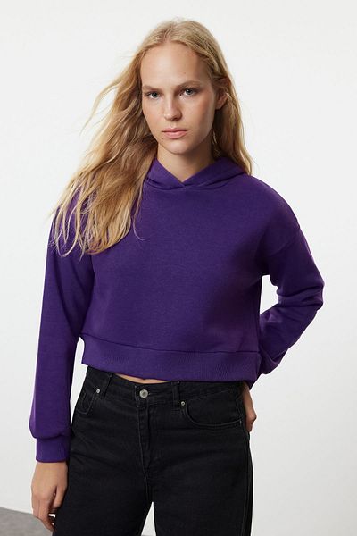 Trendyol Collection Lila Fleece-Kapuzen-Kurz-Sweatshirt aus Strick - Dickes Innendesign TWOAW24sw00105