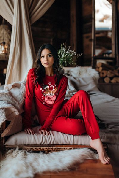 Trendyol Collection Πρωτοχρονιάτικο Σετ Πιτζάμες με Πλεκτό Κόκκινο Θέμα - 100% Βαμβάκι Thmaw25pt00133